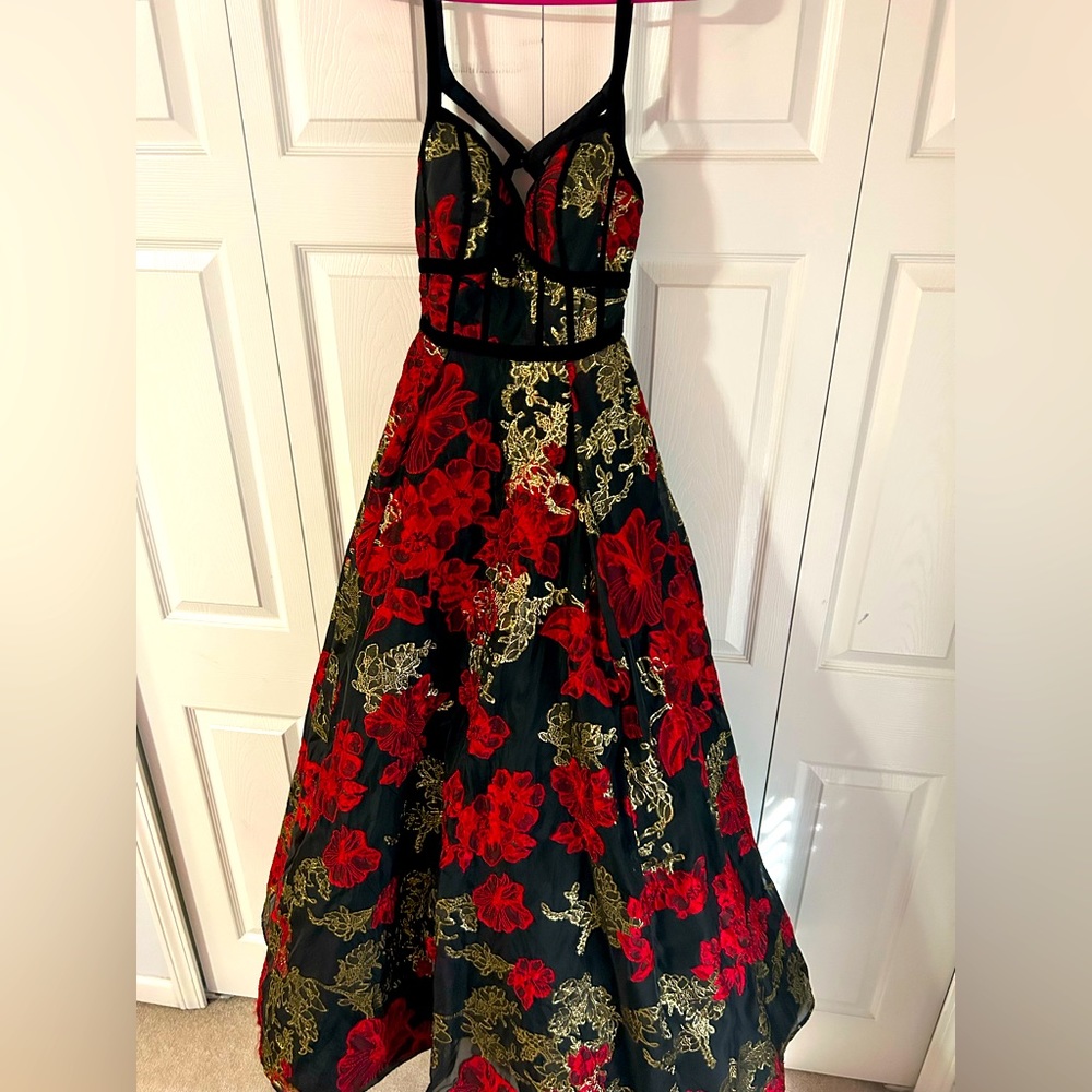 Red, black, gold embroidered Jovani dress/gown size 2